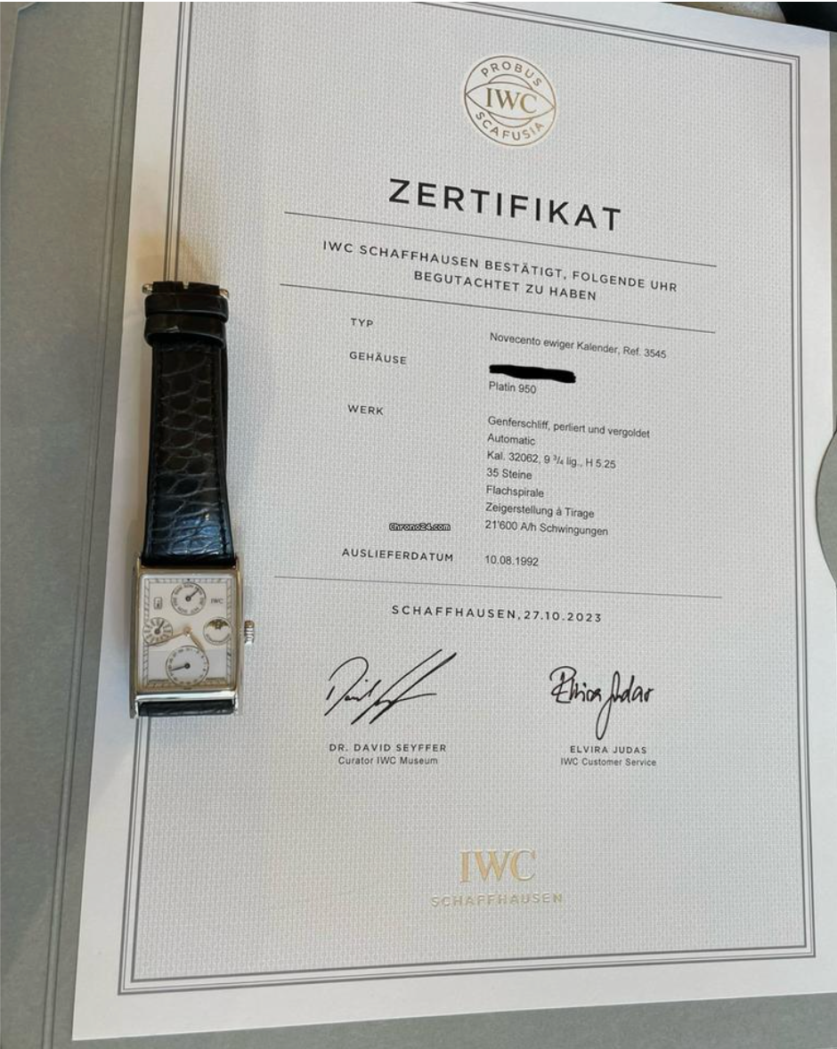 IWC Novecento Certificate from IWC